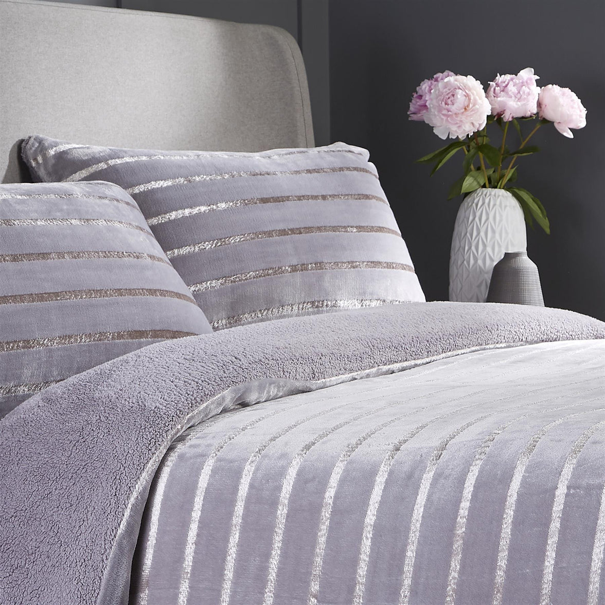 Satin Stripe Reversible Faux Fur Teddy Duvet Cover Set Super Soft Plush Bedding for Winter Available in Single Double and King Sizes by OLIVIA ROCCO Duvet Cover