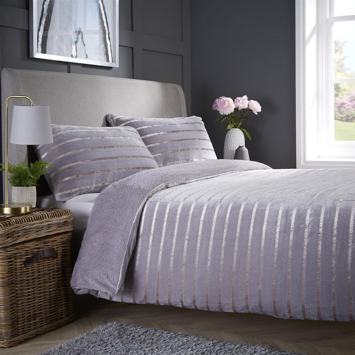 Satin Stripe Reversible Faux Fur Teddy Duvet Cover Set Super Soft Plush Bedding for Winter Available in Single Double and King Sizes by OLIVIA ROCCO SINGLE / SILVER Duvet Cover