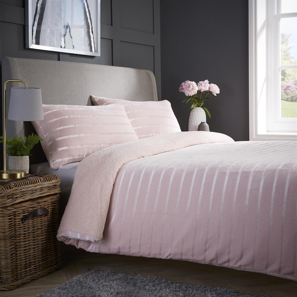 Satin Stripe Reversible Faux Fur Teddy Duvet Cover Set Super Soft Plush Bedding for Winter Available in Single Double and King Sizes by OLIVIA ROCCO SINGLE / PINK Duvet Cover