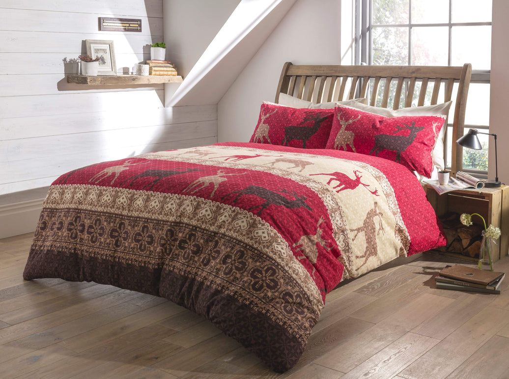 Fair Isle Highland Super Soft Brushed Cotton Flannel Duvet Set Luxurious Comfortable Bedding in Multiple Sizes for Bedroom Decor by OLIVIA ROCCO SINGLE / RED Duvet Cover