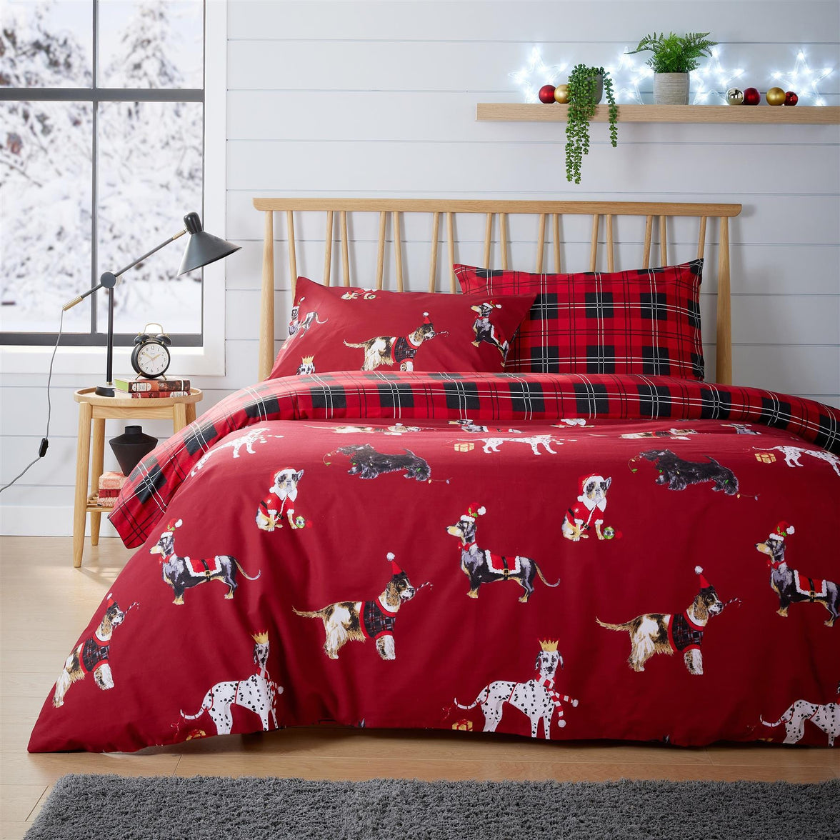 Festive Christmas Dogs Reversible Duvet Cover Set Cotton Rich OEKO-TEX Certified Bedding in Single Double King Sizes by OLIVIA ROCCO Duvet Cover