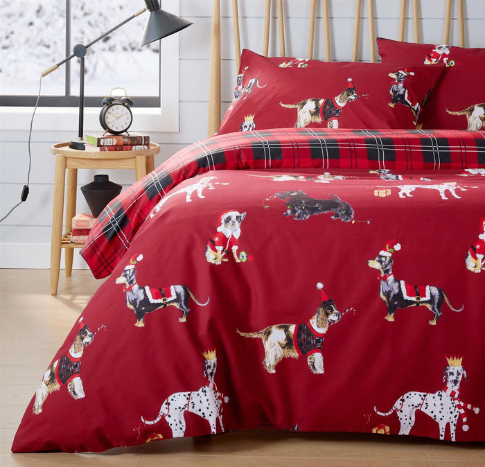 Festive Christmas Dogs Reversible Duvet Cover Set Cotton Rich OEKO-TEX Certified Bedding in Single Double King Sizes by OLIVIA ROCCO SINGLE / RED Duvet Cover