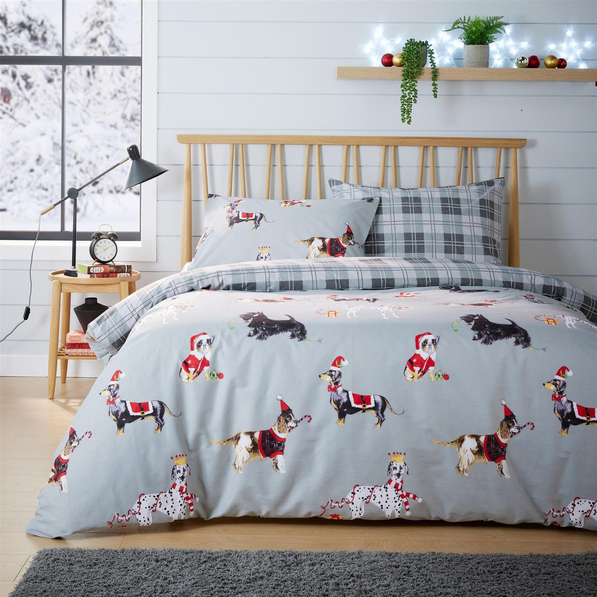 Festive Christmas Dogs Reversible Duvet Cover Set Cotton Rich OEKO-TEX Certified Bedding in Single Double King Sizes by OLIVIA ROCCO Duvet Cover