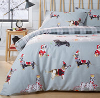 Festive Christmas Dogs Reversible Duvet Cover Set Cotton Rich OEKO-TEX Certified Bedding in Single Double King Sizes by OLIVIA ROCCO SINGLE / GREY Duvet Cover