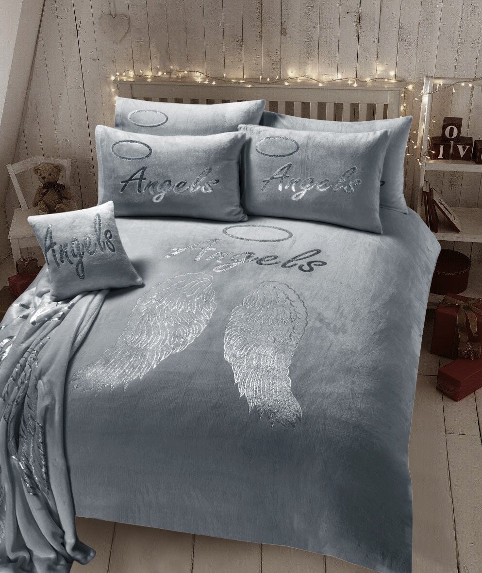 Angel Wings Luxurious Teddy Fleece Duvet Set Super Soft Faux Fur Bedding Pillow Cases Bed Throw Cushion in Pink White Grey by OLIVIA ROCCO SINGLE / GREY Duvet Cover