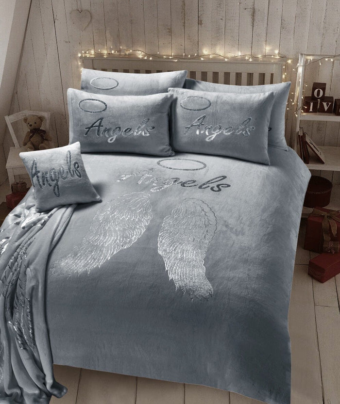 Angel Wings Luxurious Teddy Fleece Duvet Set Super Soft Faux Fur Bedding Pillow Cases Bed Throw Cushion in Pink White Grey by OLIVIA ROCCO SINGLE / GREY Duvet Cover