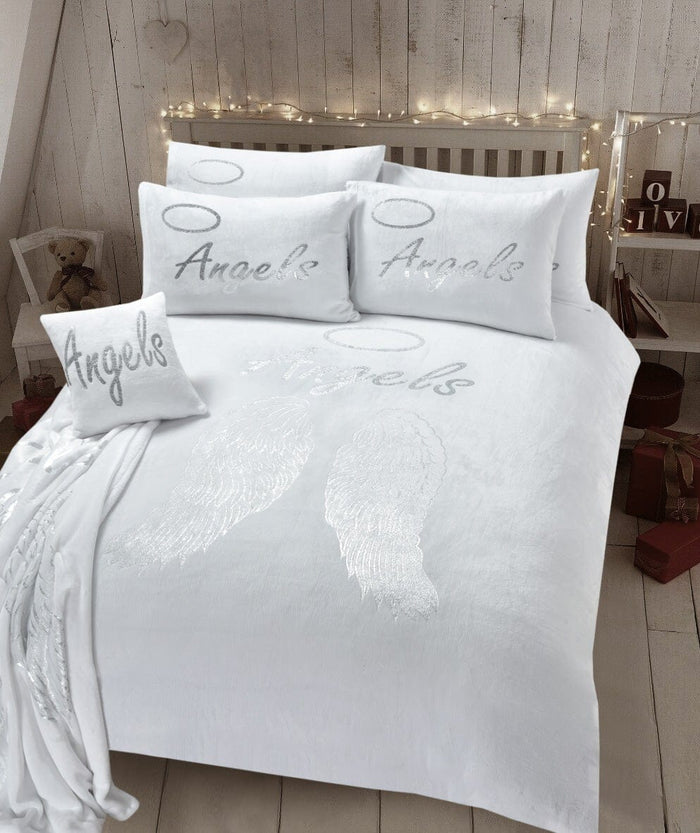 Angel Wings Luxurious Teddy Fleece Duvet Set Super Soft Faux Fur Bedding Pillow Cases Bed Throw Cushion in Pink White Grey by OLIVIA ROCCO SINGLE / WHITE Duvet Cover