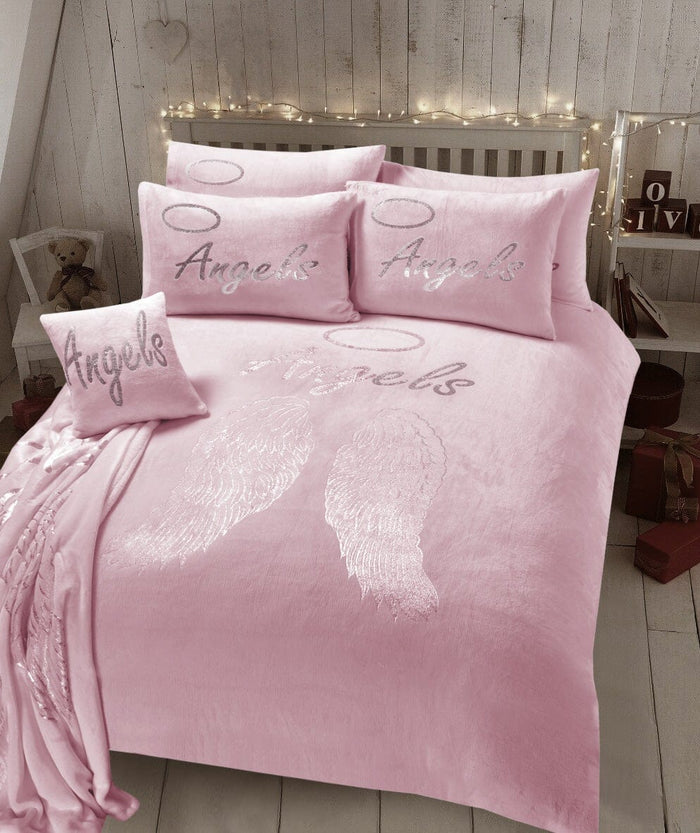 Angel Wings Luxurious Teddy Fleece Duvet Set Super Soft Faux Fur Bedding Pillow Cases Bed Throw Cushion in Pink White Grey by OLIVIA ROCCO SINGLE / PINK Duvet Cover