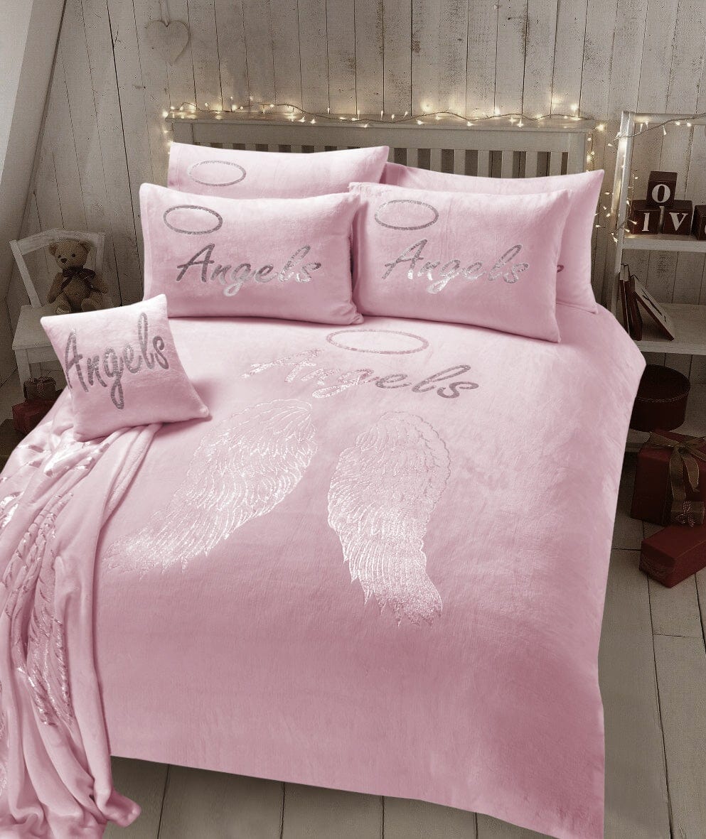 Angel Wings Luxurious Teddy Fleece Duvet Set Super Soft Faux Fur Bedding Pillow Cases Bed Throw Cushion in Pink White Grey by OLIVIA ROCCO SINGLE / PINK Duvet Cover