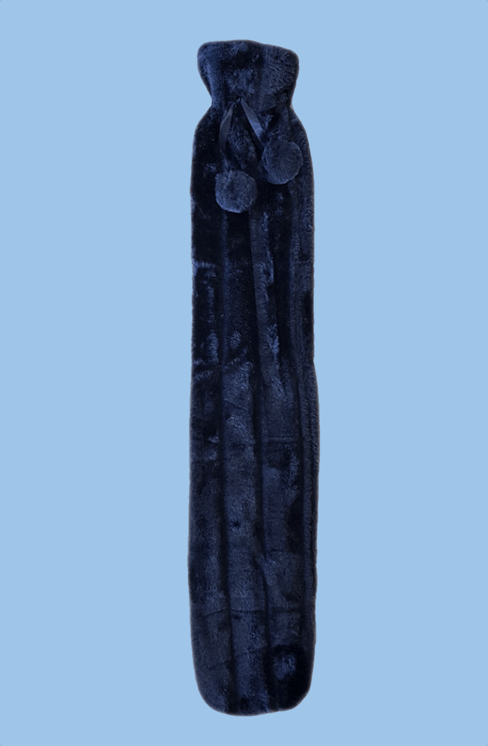 Extra Long 2L Hot Water Bottle with Plush Faux Fur Cover for Cosy Nights Natural Rubber UK Safe Tested Soft Fleece Ideal Gift for Adults Kids by OLIVIA ROCCO NAVY Hot Water Bottle