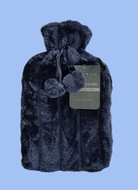 2L Soft Plush Hot Water Bottle with Faux Fur Pom Pom Cover for Warmth Durable Natural Rubber UK Safe Tested Cozy Winter Comfort Ideal Gift for Adults Kids by OLIVIA ROCCO NAVY Hot Water Bottle