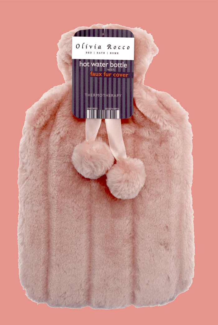 2L Soft Plush Hot Water Bottle with Faux Fur Pom Pom Cover for Warmth Durable Natural Rubber UK Safe Tested Cozy Winter Comfort Ideal Gift for Adults Kids by OLIVIA ROCCO BLUSH PINK Hot Water Bottle