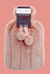 2L Soft Plush Hot Water Bottle with Faux Fur Pom Pom Cover for Warmth Durable Natural Rubber UK Safe Tested Cozy Winter Comfort Ideal Gift for Adults Kids by OLIVIA ROCCO BLUSH PINK Hot Water Bottle