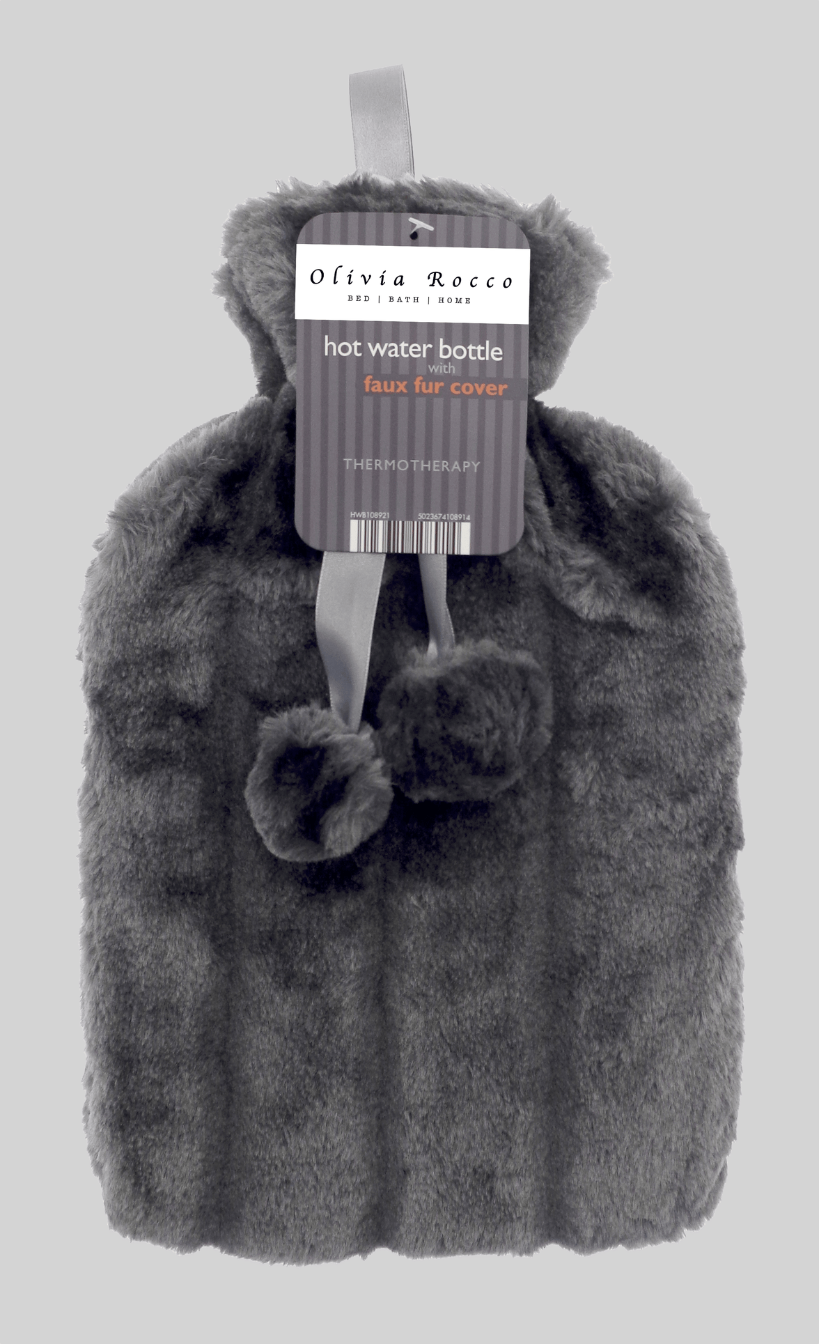 2L Soft Plush Hot Water Bottle with Faux Fur Pom Pom Cover for Warmth Durable Natural Rubber UK Safe Tested Cozy Winter Comfort Ideal Gift for Adults Kids by OLIVIA ROCCO CHARCOAL Hot Water Bottle