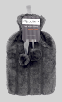 2L Soft Plush Hot Water Bottle with Faux Fur Pom Pom Cover for Warmth Durable Natural Rubber UK Safe Tested Cozy Winter Comfort Ideal Gift for Adults Kids by OLIVIA ROCCO CHARCOAL Hot Water Bottle
