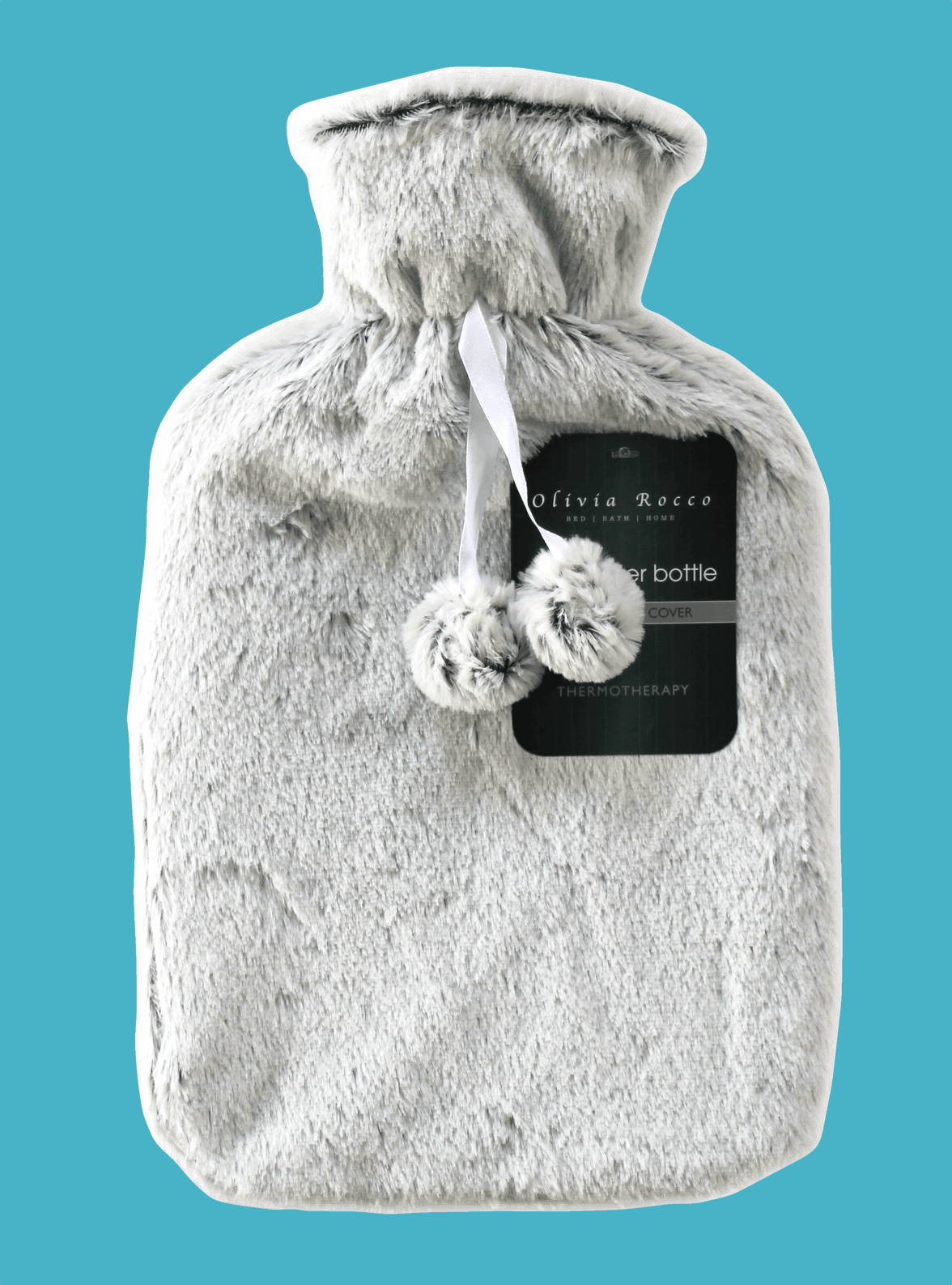 2L Soft Plush Hot Water Bottle with Faux Fur Pom Pom Cover for Warmth Durable Natural Rubber UK Safe Tested Cozy Winter Comfort Ideal Gift for Adults Kids by OLIVIA ROCCO SHIMMER GREY Hot Water Bottle