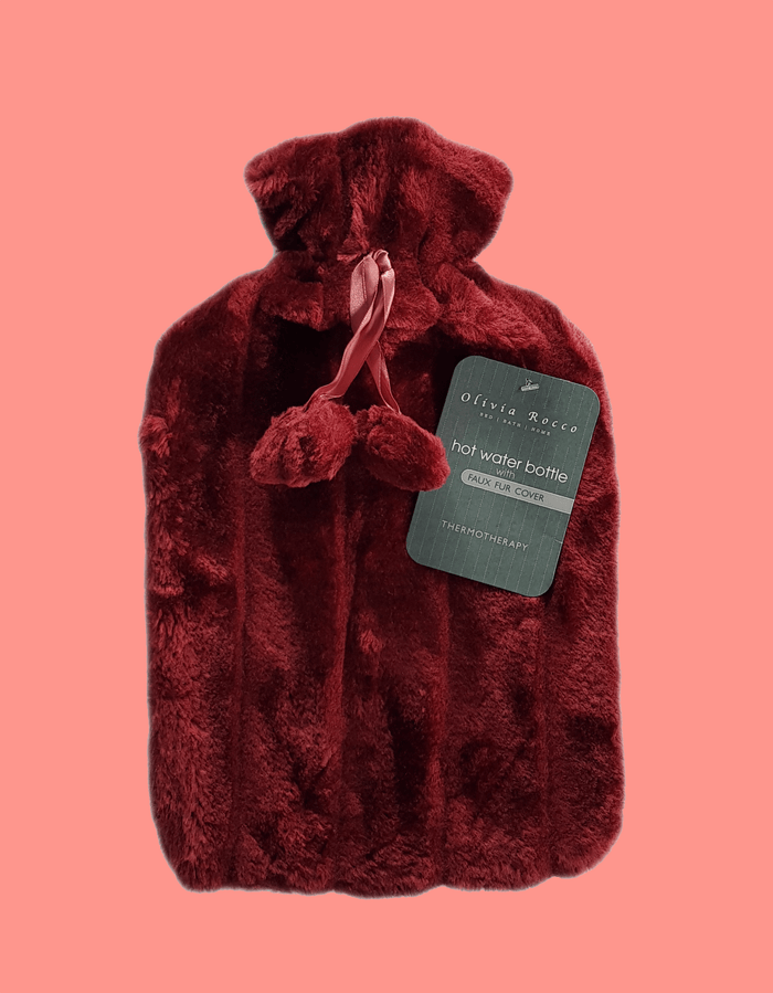 2L Soft Plush Hot Water Bottle with Faux Fur Pom Pom Cover for Warmth Durable Natural Rubber UK Safe Tested Cozy Winter Comfort Ideal Gift for Adults Kids by OLIVIA ROCCO CLARET Hot Water Bottle