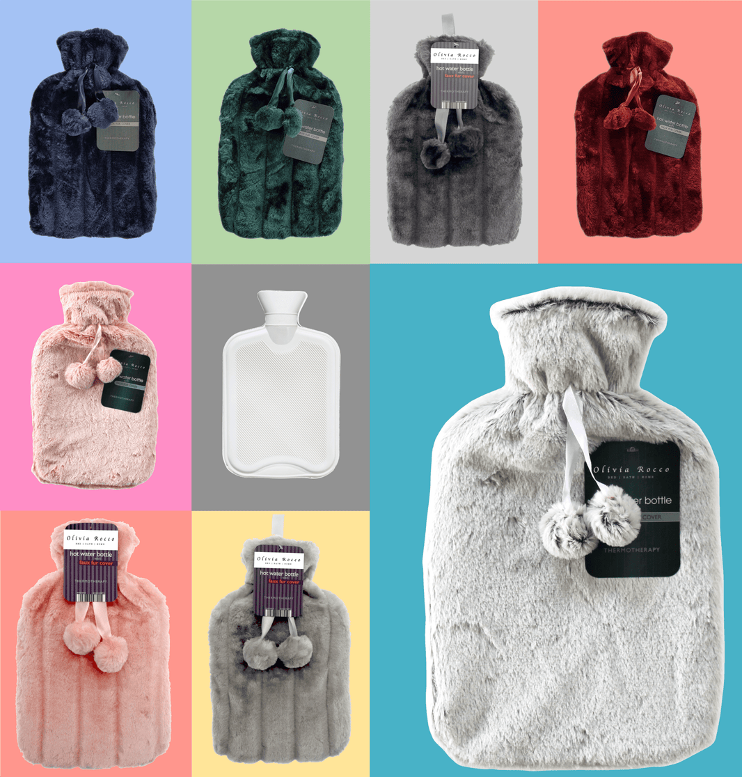 2L Soft Plush Hot Water Bottle with Faux Fur Pom Pom Cover for Warmth Durable Natural Rubber UK Safe Tested Cozy Winter Comfort Ideal Gift for Adults Kids by OLIVIA ROCCO Hot Water Bottle