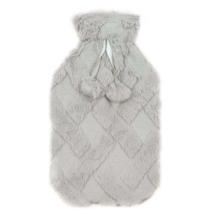 Diamond Fleece Plush Hot Water Bottle 2L with Pom Poms for Ultimate Warmth and Comfort Natural Rubber UK Safe Tested Ideal Gift for Adults Kids by OLIVIA ROCCO GREY Hot Water Bottle