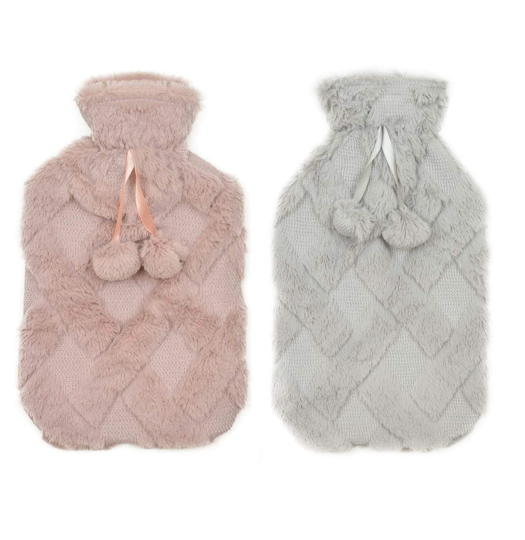 Diamond Fleece Plush Hot Water Bottle 2L with Pom Poms for Ultimate Warmth and Comfort Natural Rubber UK Safe Tested Ideal Gift for Adults Kids by OLIVIA ROCCO Hot Water Bottle