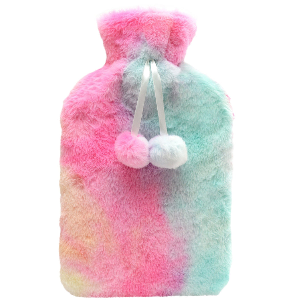 Rainbow Tie Dye Faux Fur Hot Water Bottle with Pom Poms 2L Plush Teddy Fleece Cover for Warmth Natural Rubber UK Safe Tested Ideal Gift for Adults Kids by OLIVIA ROCCO RAINBOW Hot Water Bottle