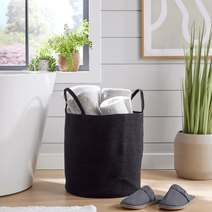 Large Woven Cotton Laundry Basket with Handles Durable Rope Storage Bin for Clothes Toys Household Items Versatile Organizer in Black Grey Natural OLIVIA ROCCO BLACK Laundry Basktets