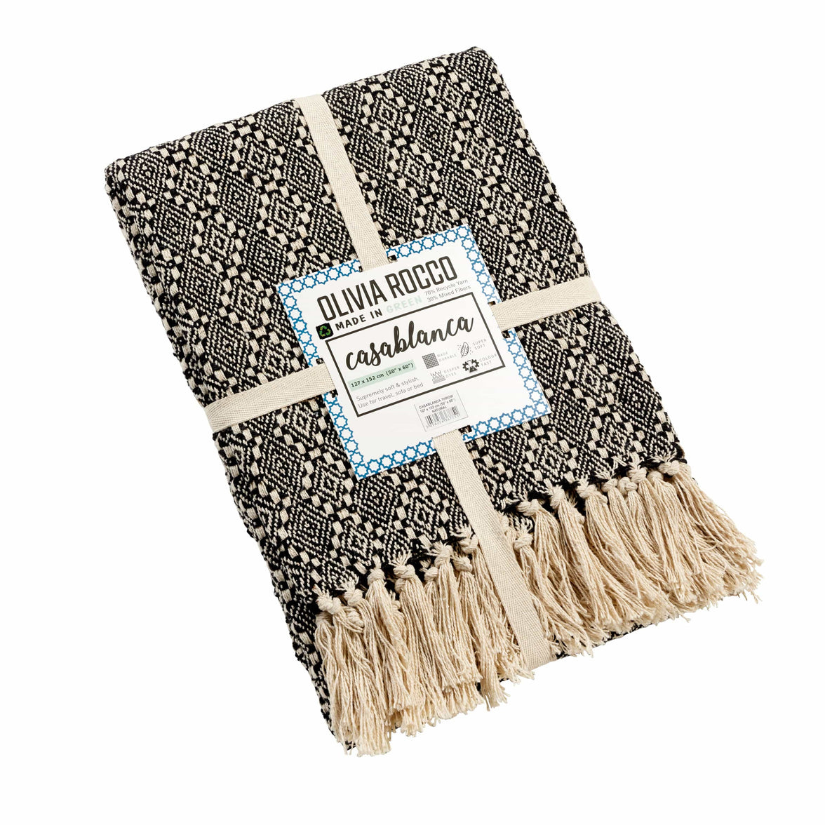 Casablanca Elegant Check Design Super Soft Lightweight Recycled Cotton Throw Blanket with Tassels Ideal for Sofa Bed or Chair Year-Round Use by OLIVIA ROCCO Throw