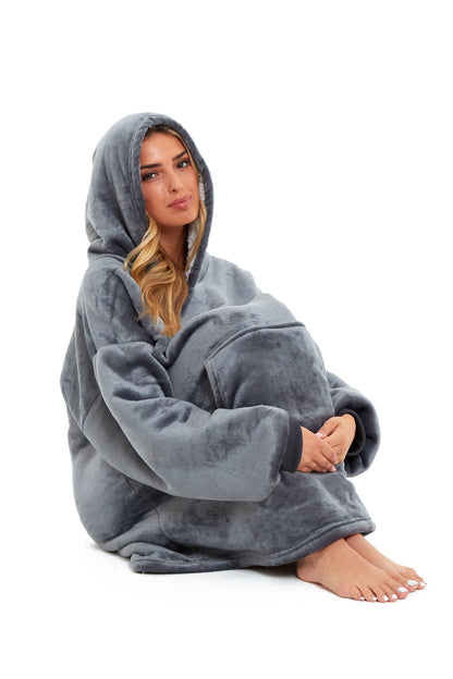 Oversized Grey & Pink Hooded Plush Fleece With Reversible Sherpa Blanket OLIVIA ROCCO Hooded Blanket