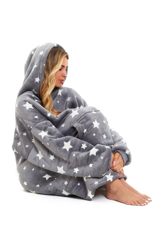 Oversized Grey Stars Hooded Plush Fleece With Reversible Sherpa Blanket OLIVIA ROCCO Hooded Blanket