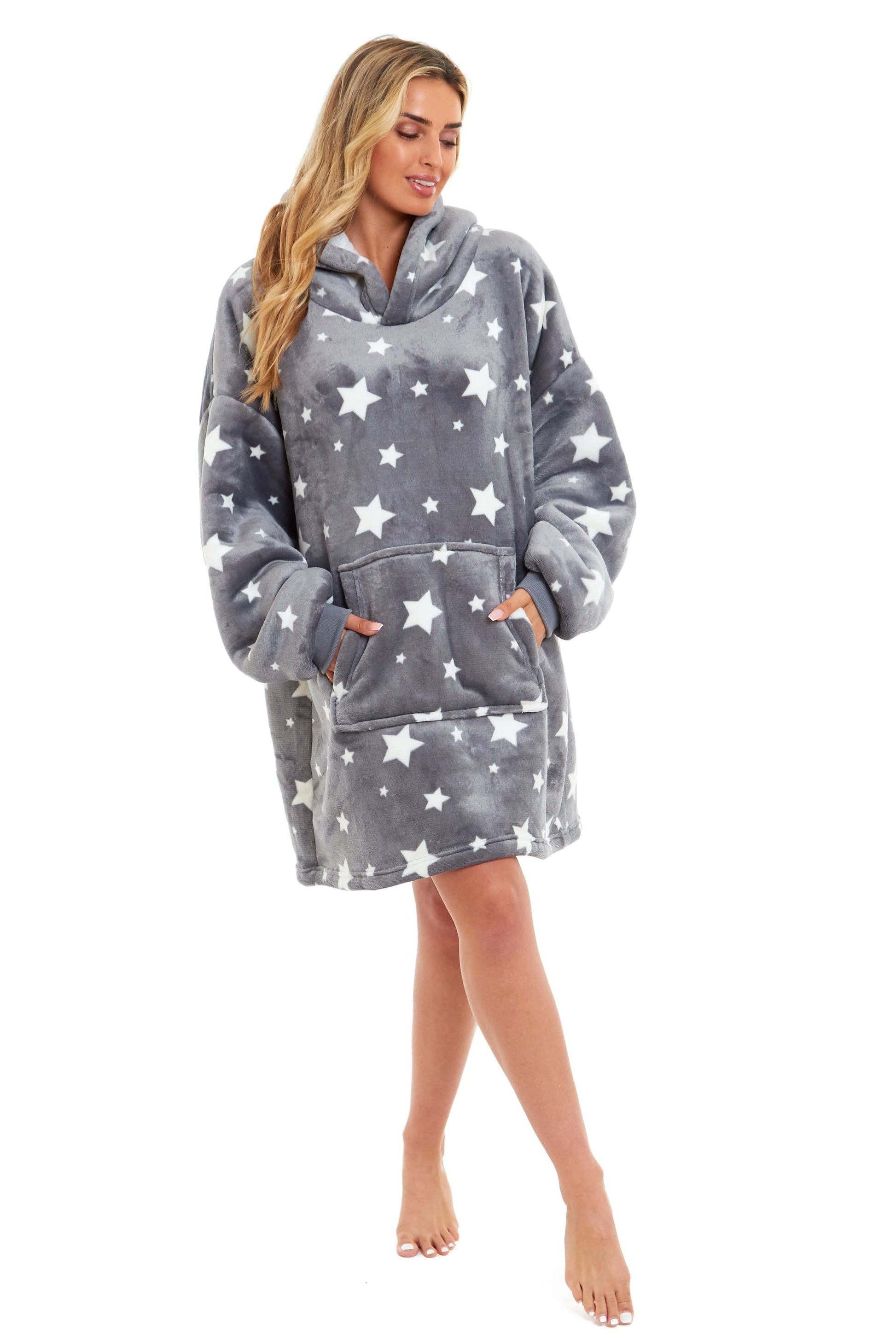 Oversized Grey Stars Hooded Plush Fleece With Reversible Sherpa Blanket OLIVIA ROCCO Hooded Blanket