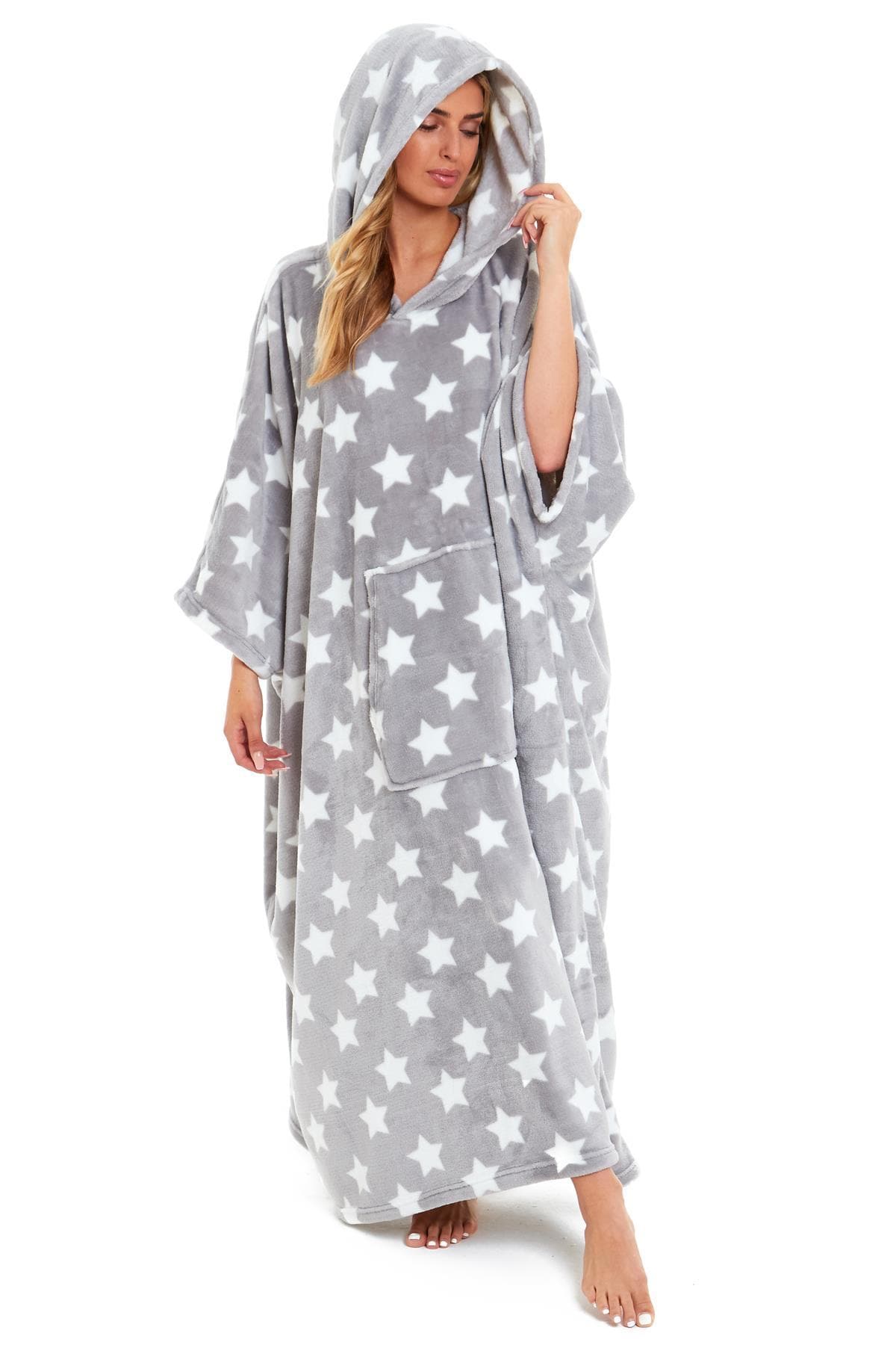 Oversized Hooded Fleece Poncho Blanket with Stars and Polka Dots Plush Wearable Blanket with Front Pocket for Adults Indoor Outdoor by Daisy Dreamer GREY STARS Hooded Blanket