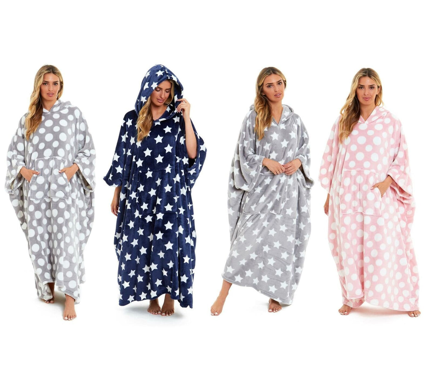 Oversized Hooded Fleece Poncho Blanket with Stars and Polka Dots Plush Wearable Blanket with Front Pocket for Adults Indoor Outdoor by Daisy Dreamer Hooded Blanket