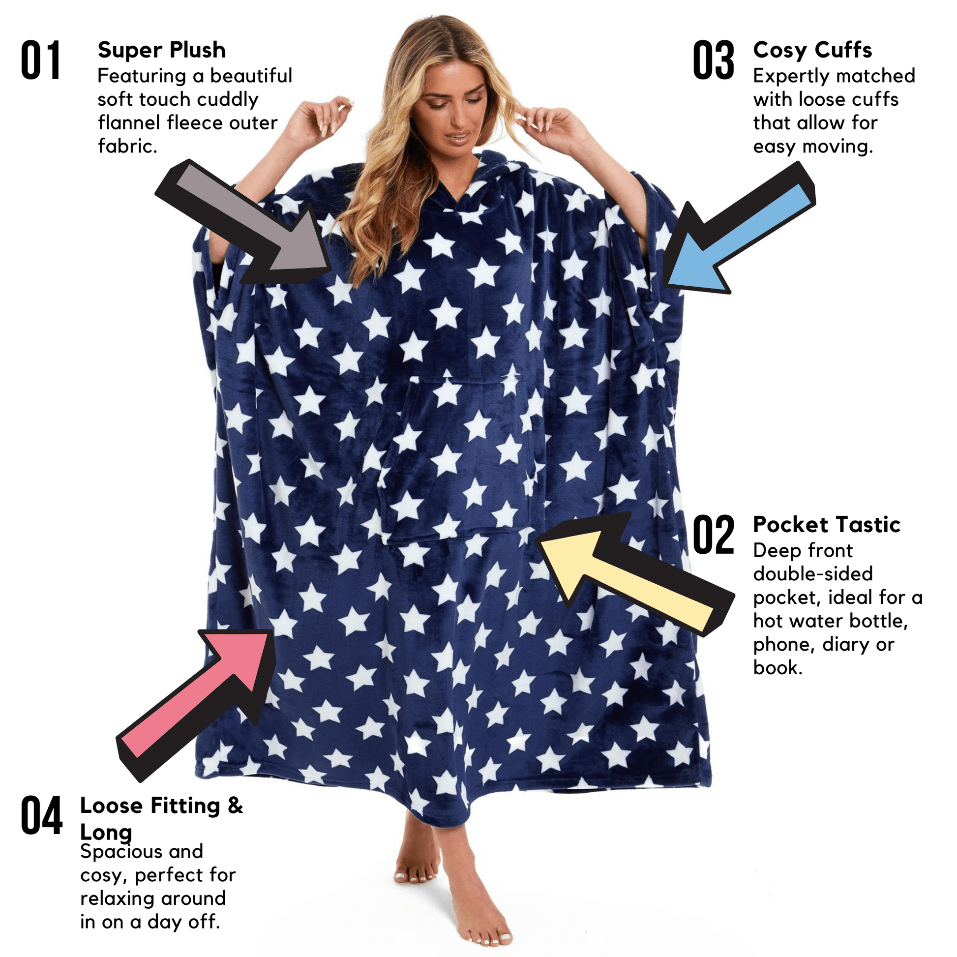 Oversized Hooded Fleece Poncho Blanket with Stars and Polka Dots Plush Wearable Blanket with Front Pocket for Adults Indoor Outdoor by Daisy Dreamer Hooded Blanket