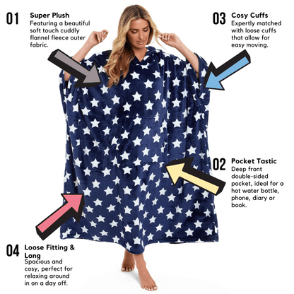 Oversized Hooded Fleece Poncho Blanket with Stars and Polka Dots Plush Wearable Blanket with Front Pocket for Adults Indoor Outdoor by Daisy Dreamer Hooded Blanket