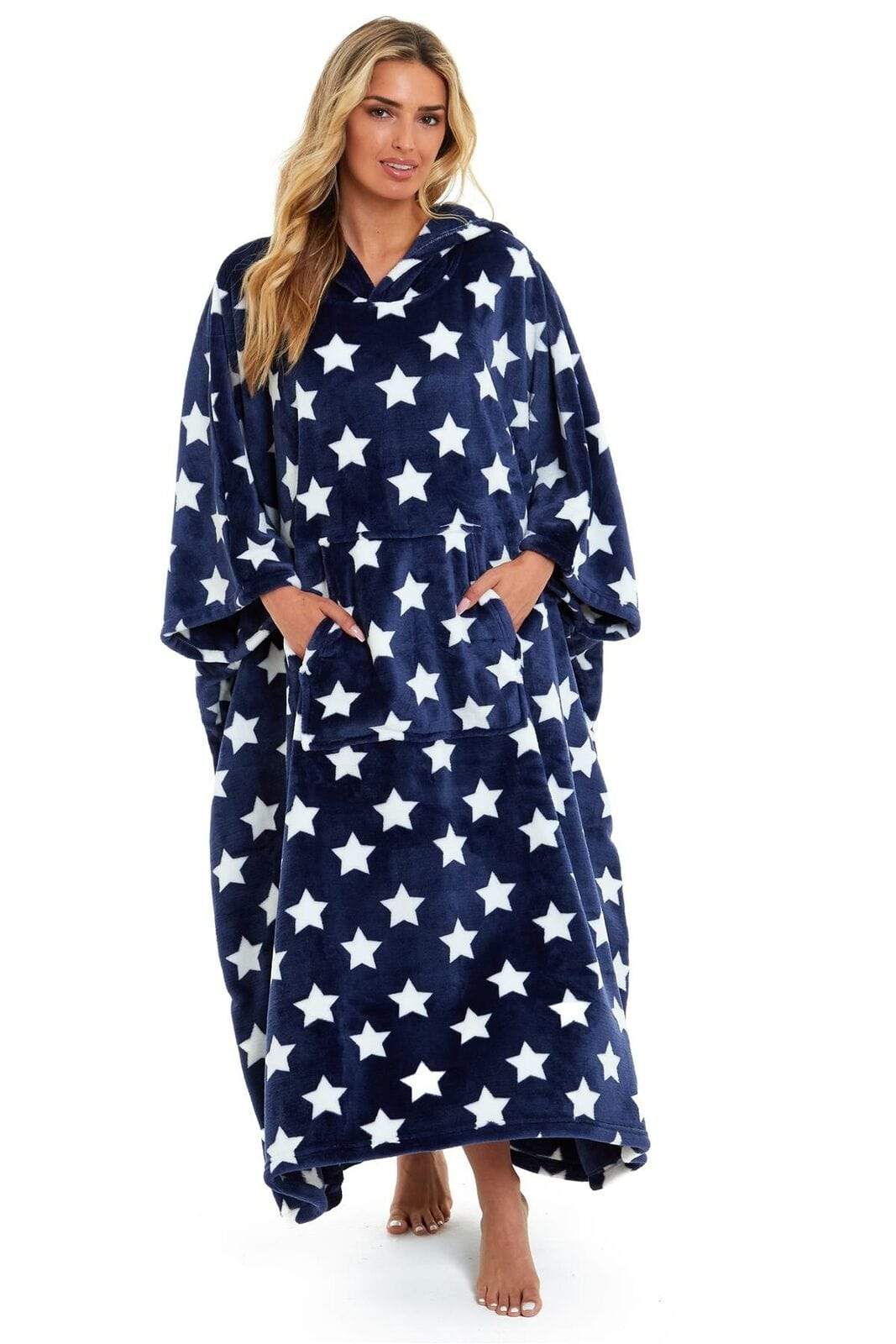 Oversized Hooded Fleece Poncho Blanket with Stars and Polka Dots Plush Wearable Blanket with Front Pocket for Adults Indoor Outdoor by Daisy Dreamer Hooded Blanket