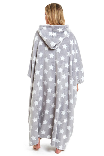 Oversized Hooded Fleece Poncho Blanket with Stars and Polka Dots Plush Wearable Blanket with Front Pocket for Adults Indoor Outdoor by Daisy Dreamer Hooded Blanket