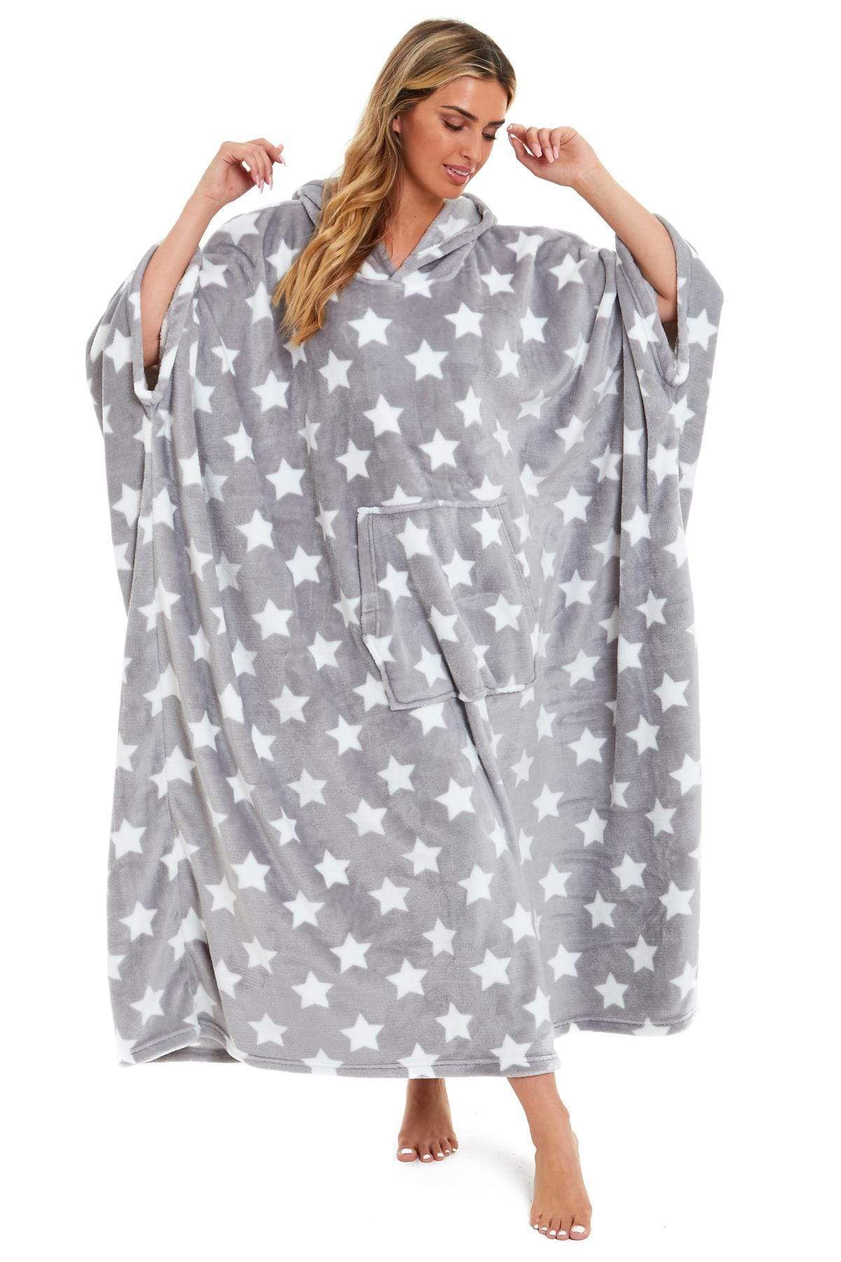 Oversized Hooded Fleece Poncho Blanket with Stars and Polka Dots Plush Wearable Blanket with Front Pocket for Adults Indoor Outdoor by Daisy Dreamer Hooded Blanket