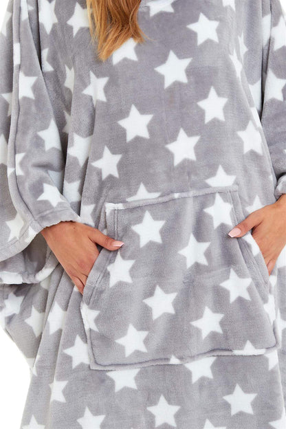 Oversized Hooded Fleece Poncho Blanket with Stars and Polka Dots Plush Wearable Blanket with Front Pocket for Adults Indoor Outdoor by Daisy Dreamer Hooded Blanket