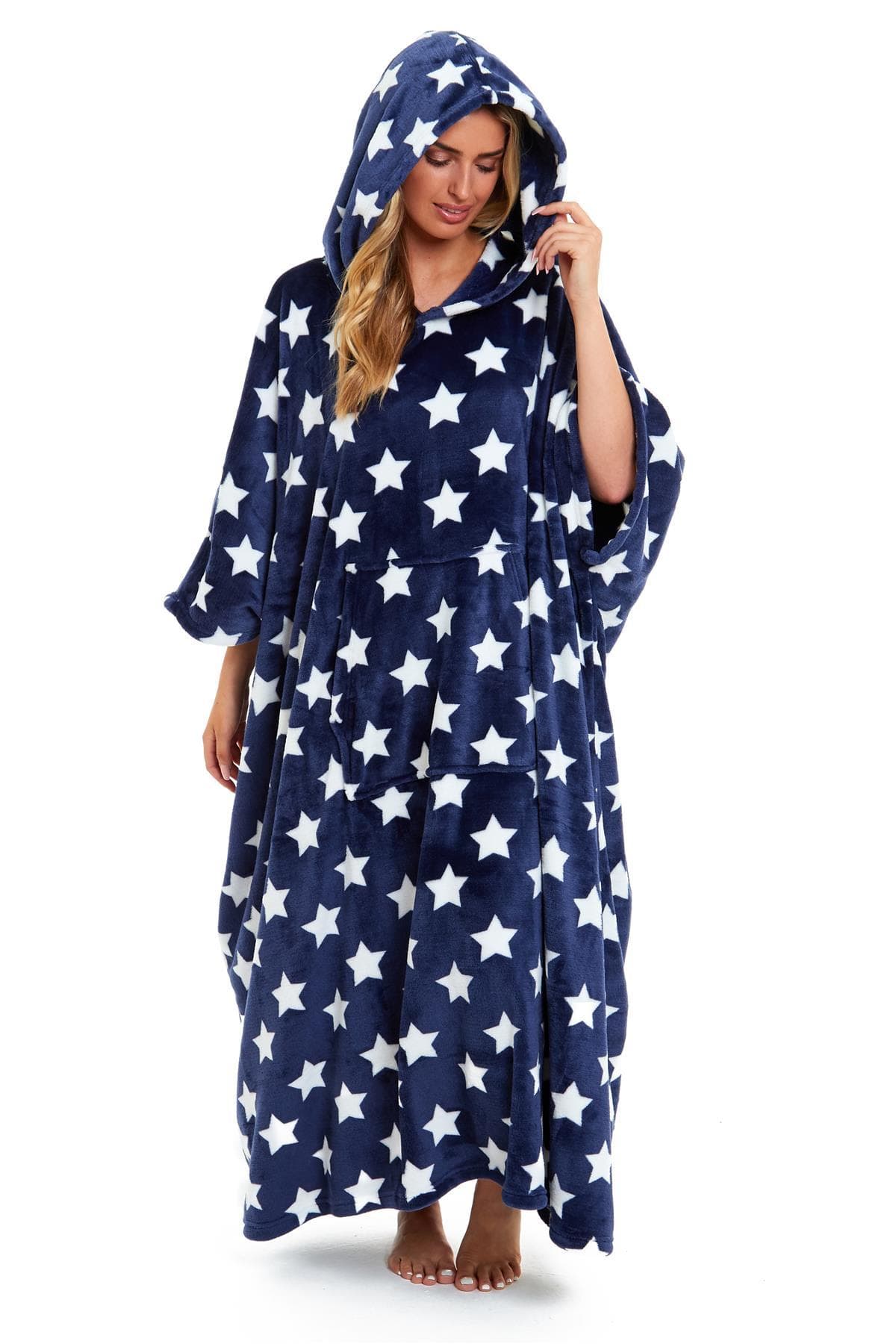 Oversized Hooded Fleece Poncho Blanket with Stars and Polka Dots Plush Wearable Blanket with Front Pocket for Adults Indoor Outdoor by Daisy Dreamer NAVY STARS Hooded Blanket
