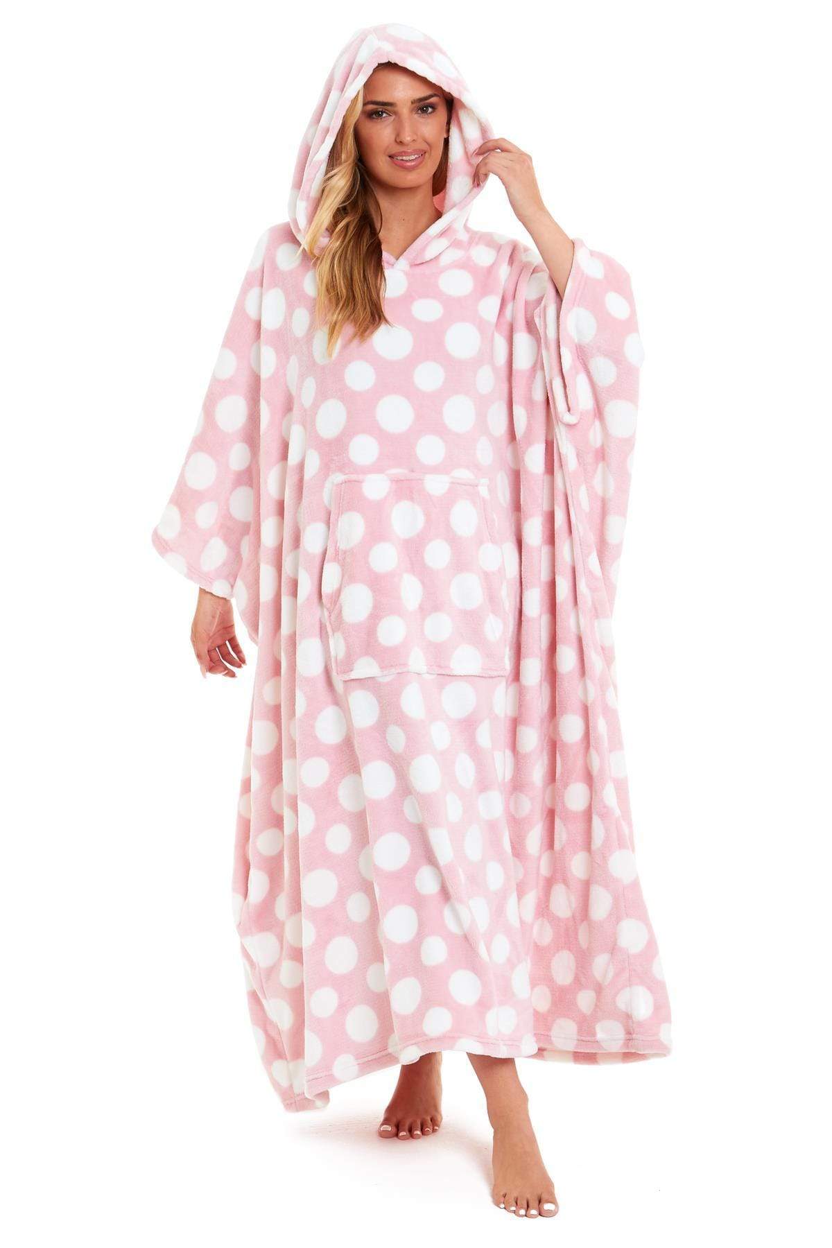 Oversized Hooded Fleece Poncho Blanket with Stars and Polka Dots Plush Wearable Blanket with Front Pocket for Adults Indoor Outdoor by Daisy Dreamer PINK POLKA DOT Hooded Blanket