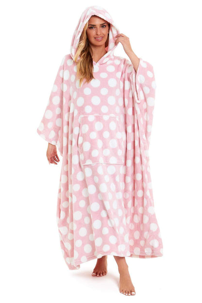 Oversized Hooded Fleece Poncho Blanket with Stars and Polka Dots Plush Wearable Blanket with Front Pocket for Adults Indoor Outdoor by Daisy Dreamer PINK POLKA DOT Hooded Blanket