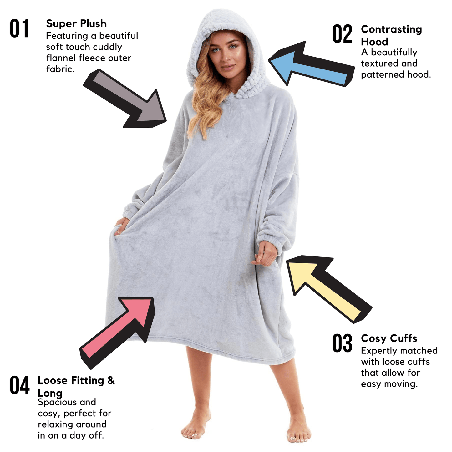 Women's Plush Hooded Poncho Blanket, Oversized Flannel Fleece Hoodie Top Daisy Dreamer Dressing Gown