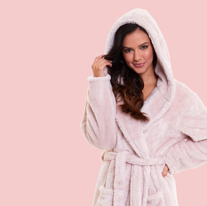 Pink Snuggle Velvet Touch Fleece Hooded Robe Dressing Gown SMALL | UK 8-10 Daisy Dreamer Dressing Gown