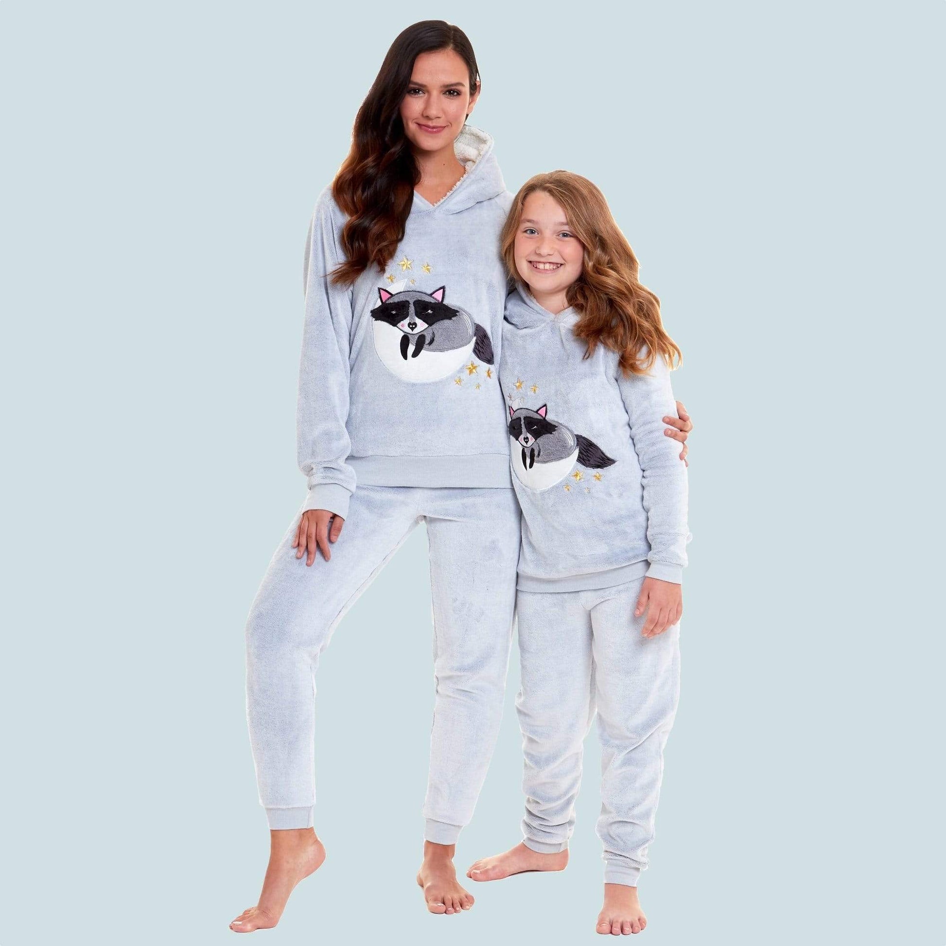 Raccoon Plush Fleece Hooded Pyjama Set, Twosie Pyjama Mother & Daughter Matching Loungewear SMALL | UK 8-10 Daisy Dreamer Pyjamas