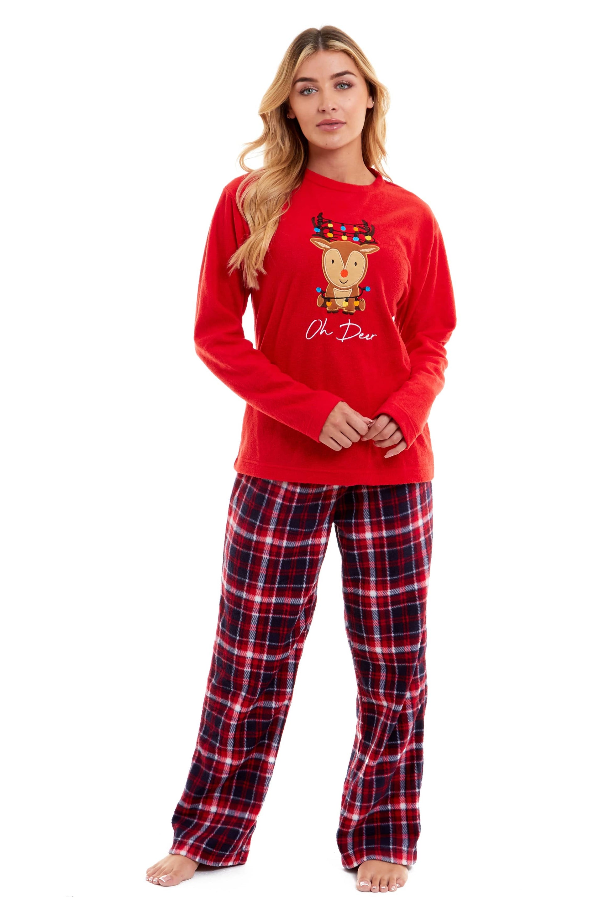 Women's Reindeer Polar Fleece Pyjama Set, Ladies PJ Christmas Gift