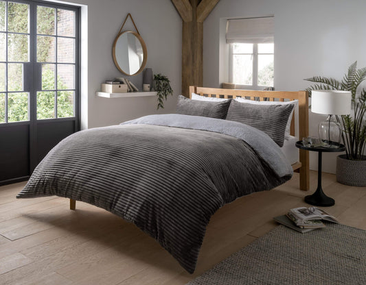 Ribbed Fleece With Reversible Teddy Duvet Set SINGLE / CHARCOAL OLIVIA ROCCO Duvet Cover
