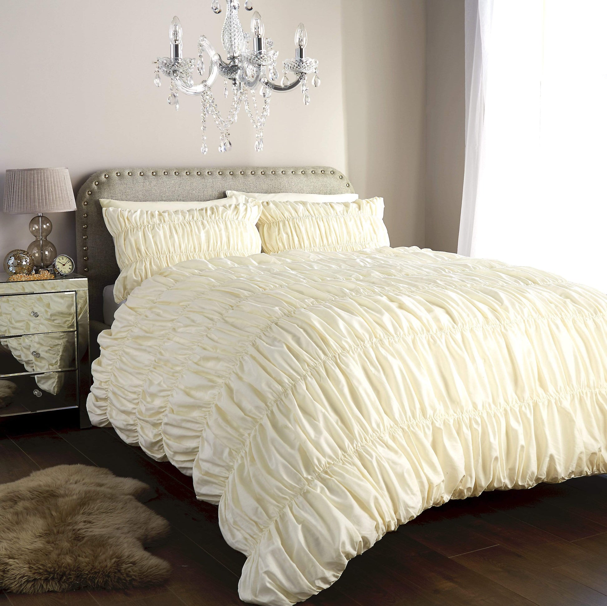 Ruched Ruffles Cotton Rich Luxurious Duvet Set Elegant Bedroom Décor Comfortable Bedding Multiple Sizes and Colours OEKO-TEX Certified by OLIVIA ROCCO KING / CREAM Duvet Cover