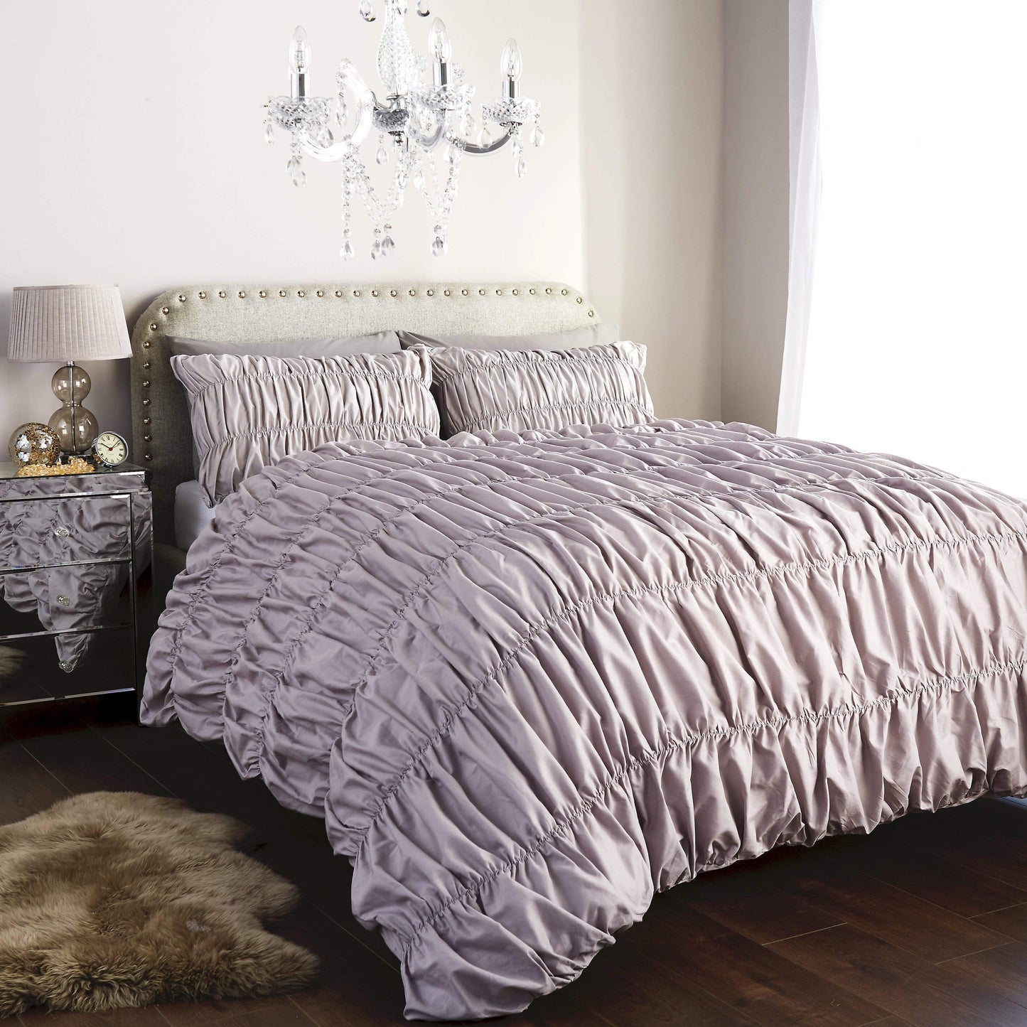 Ruched Ruffles Cotton Rich Luxurious Duvet Set Elegant Bedroom Décor Comfortable Bedding Multiple Sizes and Colours OEKO-TEX Certified by OLIVIA ROCCO KING / SILVER Duvet Cover