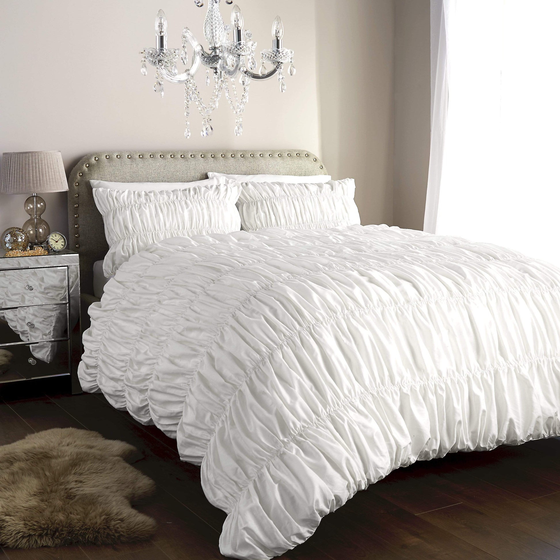Ruched Ruffles Cotton Rich Luxurious Duvet Set Elegant Bedroom Décor Comfortable Bedding Multiple Sizes and Colours OEKO-TEX Certified by OLIVIA ROCCO KING / WHITE Duvet Cover