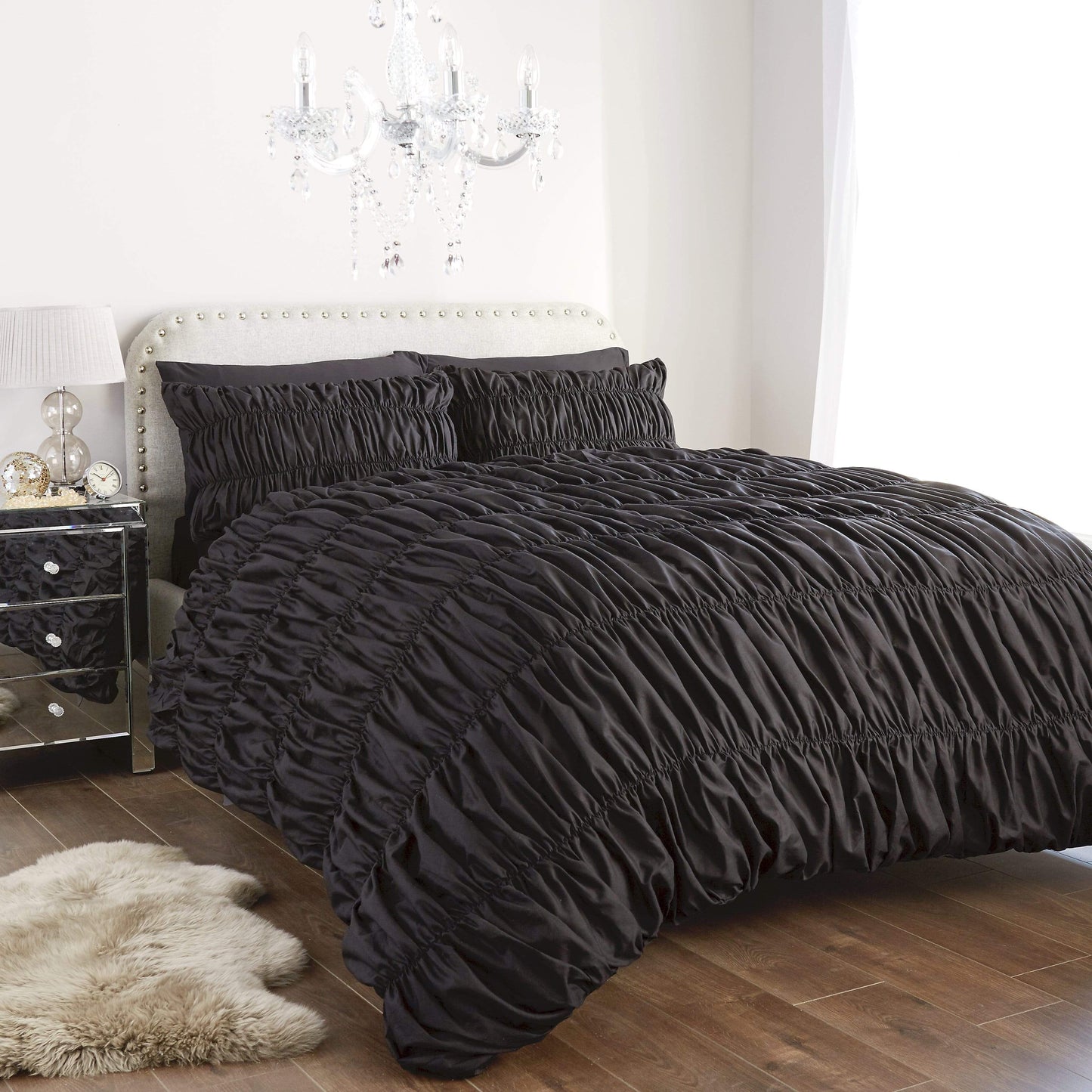 Ruched Ruffles Cotton Rich Luxurious Duvet Set Elegant Bedroom Décor Comfortable Bedding Multiple Sizes and Colours OEKO-TEX Certified by OLIVIA ROCCO SINGLE / BLACK Duvet Cover